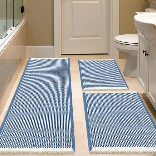 Miniatura 13 de IM HOME Tapete de baño de punto gofre, color caqui, de 24 x 17 pulgadas, tejido bohemio, moderno, absorbente, antideslizante, suave, lavable