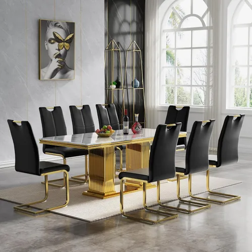 Miniatura 14 de Juego de mesa de comedor de 5 piezas, moderno juego de mesa de comedor para 4, 70 pulgadas, juego de mesa de comedor de mármol sintético blanco