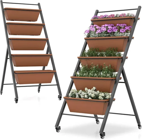 Miniatura 10 de Safstar - Macetero vertical de 5 niveles, cama de jardín elevada con 2 ruedas con bloqueo, 5 jardineras extraíbles, marco de metal, caja