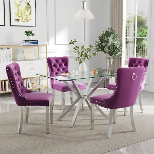 Miniatura 11 de Juego de comedor moderno de cristal de lujo de 5 piezas, juego de comedor rectangular minimalista para 4, juego de mesa de cocina de vidrio