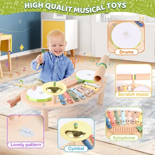 Miniatura 4 de Asweets Juego de batería 7 en 1 para niños pequeños, xilófono de madera, kit de instrumentos musicales, juego para niños pequeños, juego de batería