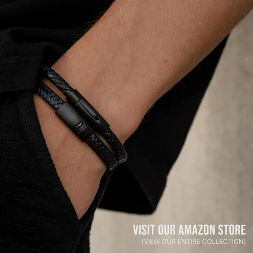 Miniatura 4 de Pulseras de cuentas y cuero para hombre Pulseras de cuentas de cuero negro entretejido y ónix negro Joyería minimalista de diseñador para hombres