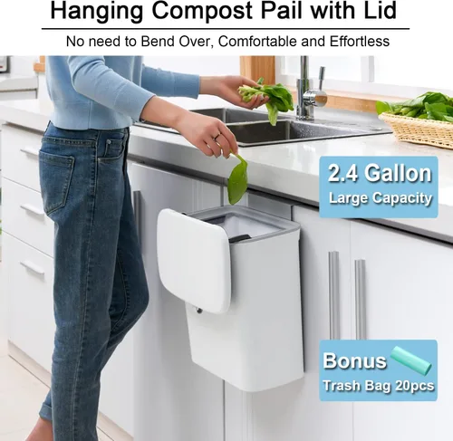 Miniatura 2 de Tiyafuro Cubo de compost de cocina de 2.4 galones para encimera o debajo del fregadero, cubo de basura pequeño colgante con tapa para armario, baño