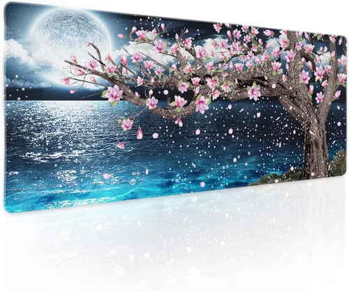 Miniatura 35 de Alfombrilla de ratón rosa y verde anime geométrica japonesa extendida para escritorio 90X40 CM, base de goma antideslizante, borde cosido
