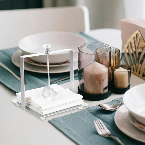 Miniatura 6 de Amosfun Farmhouse Flat Napkin Holder with Weighted Arm, Metal Paper Towel Stand for Kitchen and Dining Tabletop, Silver Square Tissue Organizer for