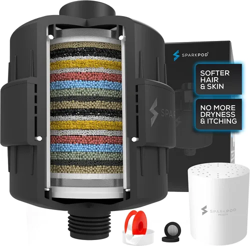 SparkPod Filtro de cabezal de ducha de 23 etapas para cabello y piel secos - Filtros de ducha universales de alto rendimiento para eliminar 3. Negro