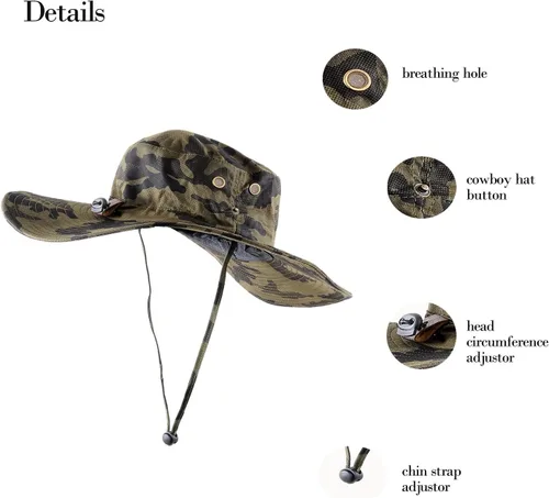 Miniatura 4 de Sombrero de camuflaje militar de ala ancha para pesca de verano, caza, camping, senderismo, sombrero de sol al aire libre, sombrero Boonie Verde