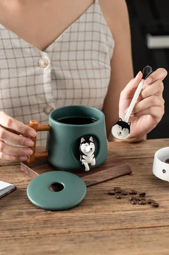 Miniatura 9 de DIHOclub Taza de café de cerámica con tapa y cuchara a juego, taza novedosa 3D con patrón de Husky para té, leche, chocolate, jugo, taza linda