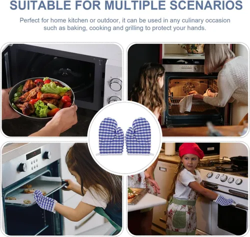 Miniatura 5 de 2 guantes de horno para cocina de juego, guantes de horno de microondas, guantes de cocina para hornear, a cuadros rojos para una parte trasera Azul