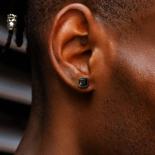 Miniatura 3 de KRKC&CO - Aretes de tuerca para hombre, aretes cuadrados, plata de ley 925, oro de 14 quilates con circonita cúbica brillante y ónix negro