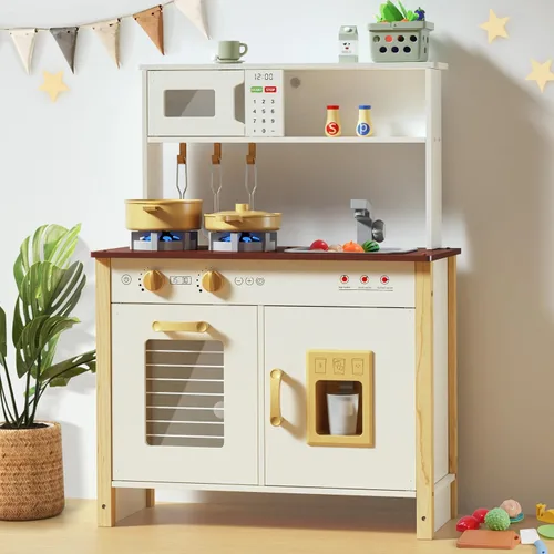 Babytronic Cocina de Juego para Niños, Set de Cocina de Madera para Niños de 3+ Años con Luces Reales, Sonidos, Estufa, Fregadero, Horno, y 30 Blanco