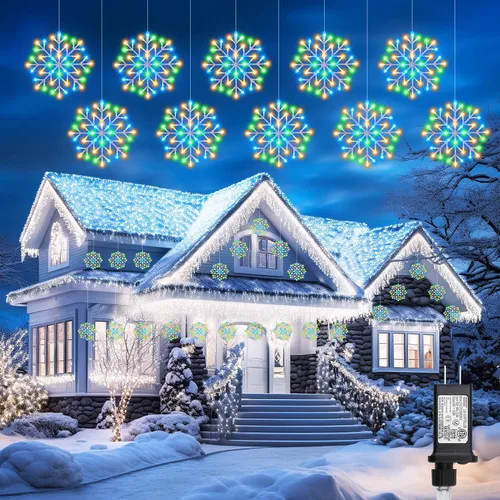 Miniatura 11 de Luces de Navidad Brightown estilo carámbano para exterior - Enchufe de 3.2 m, 5 gotas, 240 LED, luz de ventana con forma de copo de nieve con 8