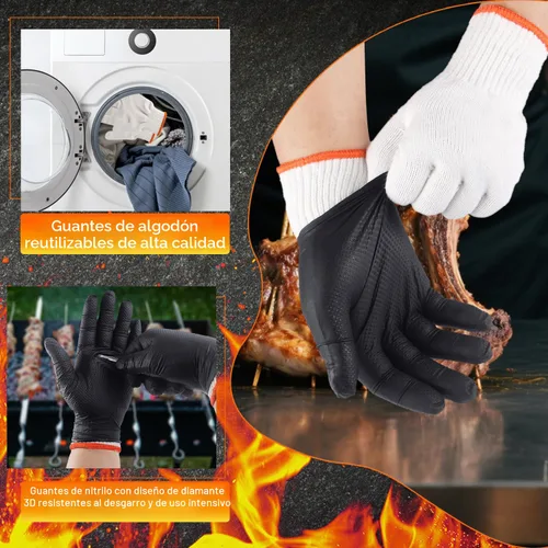 Miniatura 6 de Guantes ANBOSON para Barbacoa Desechables Resistente al Calor para Parrilla - 100 Guantes de Nitrilo + 4 Forros Reutilizables de Algodón