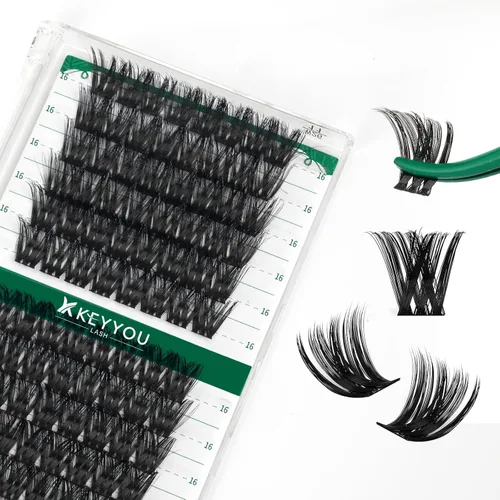 KEYYOU Racimos de pestañas, 96 piezas de extensiones de pestañas DIY, rizado D de 16 mm, negro, realista, no irritante, fácil de colocar en casa