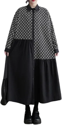ellazhu Vestido largo de polo de retazos irregulares para mujer, estampado con botones hacia abajo, ropa de abrigo GZ08