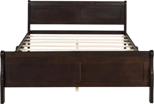 Miniatura 4 de Cama de plataforma de madera maciza tamaño matrimonial con cabecera y estribo de trineo, base de cama de plataforma de madera completa con Espresso
