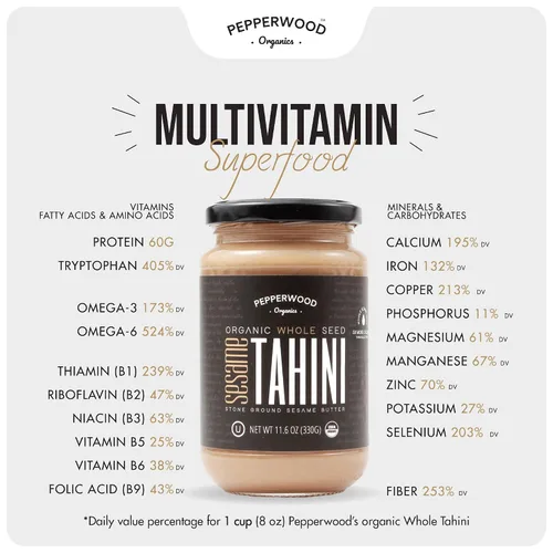 Miniatura 3 de Pasta de Tahini de Sésamo Integral Orgánica – Sin Descascarillar y Molida en Piedra – Textura Sedosa y Suave en Hummus, Salsas, Aderezos – Sin Sal