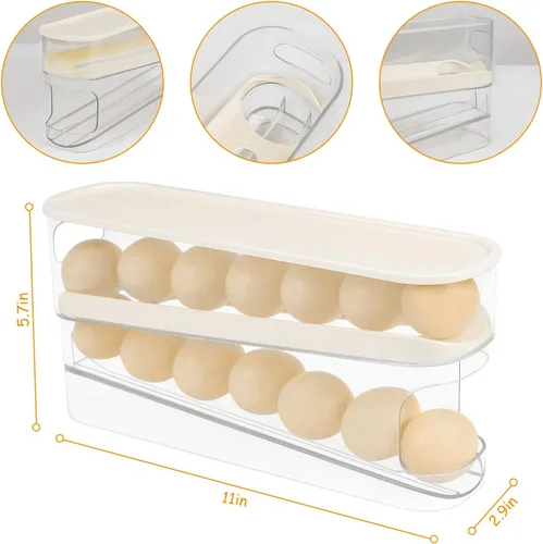 Miniatura 3 de Dispensador automático de huevos enrollable para organizador de refrigerador con tapa, 12 unidades de doble capa para almacenamiento de huevos