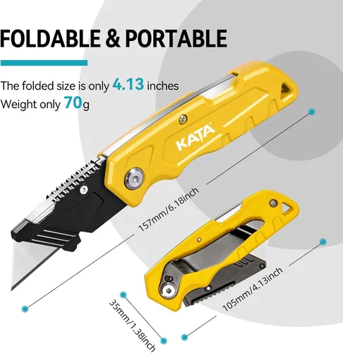 Miniatura 2 de KATA Cuchillos de corte de caja plegables: paquete de 4 cuchillos utilitarios resistentes para cajas de bolsillo – 20 hojas de afeitar adicionales