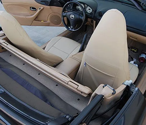 Miniatura 2 de Iggee Diseñado para Mazda Miata 2001-2005, Beige - Funda de asiento de piel sintética hecha a medida, ajuste original