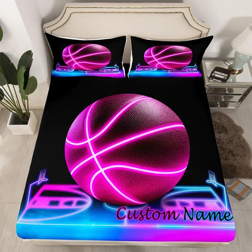 Miniatura 4 de Erosebridal Juego de sábanas de baloncesto rosa para niños y niñas, juego de sábanas de tamaño individual con temática deportiva, juego de sábanas