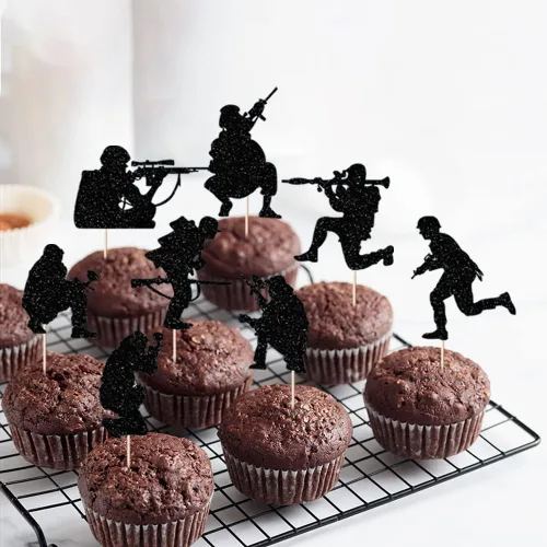 Miniatura 8 de Decoración para tartas de soldado con temática militar, 12 vasos de papel con purpurina negra, Día del soldado, veteranos, cumpleaños de hombres