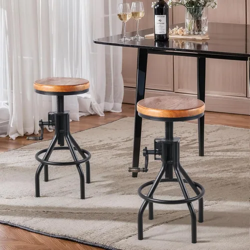 Miniatura 6 de Taburete industrial de madera para mostrador de granja, altura ajustable con asa, taburete de bar de cocina, color negro, juego de 2