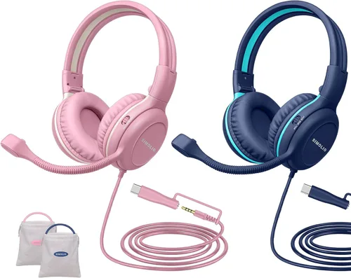 Miniatura 11 de SIMOLIO Audífonos para niños con micrófono para la escuela, auriculares con cable de 75/85/94 dB con micrófono retráctil para iPad, PC, laptop