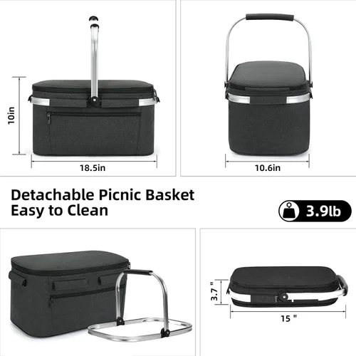 Miniatura 4 de ALLCAMP Cesta de pícnic, 2 cajas de hielo incluidas con enfriador aislado de 32 litros, cesta de picnic plegable gruesa con cestas extraíbles