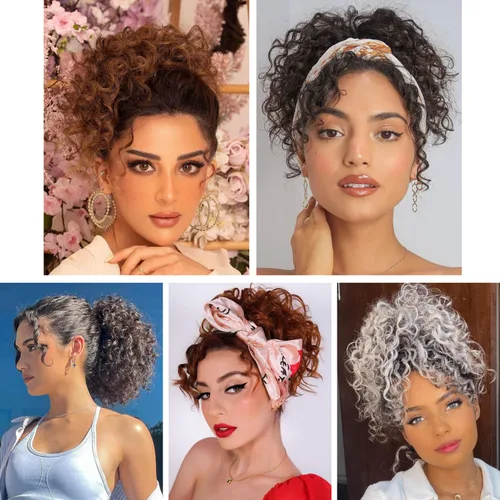 Miniatura 6 de Extension de cabello con moño desordenado, textura Yaki, con cabello suelto, ondulado y rizado, corto, con cordón de ajuste, extensiones de cola