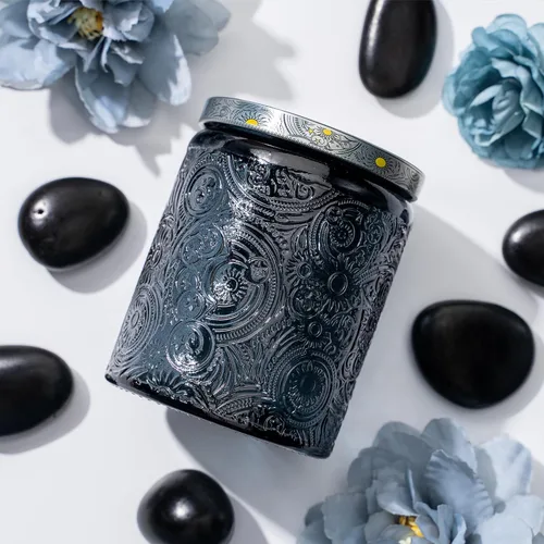 Art Secret Paquete de 9 tarros de vela de vidrio en relieve de 8 onzas con tapas y etiquetas, diseño de estrellas de sol y luna (gris)