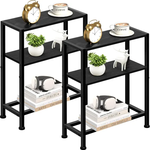 Miniatura 13 de Mesa auxiliar estrecha para espacios pequeños, mesa auxiliar pequeña de 2 niveles con soporte para estantes, mesita de noche delgada, mesa de sofá
