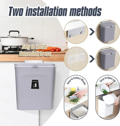 Miniatura 3 de Domiella Cubo de basura colgante de 2.4 galones con tapa, cubo de basura de cocina para encimera o debajo del fregadero, contenedor de basura Gris