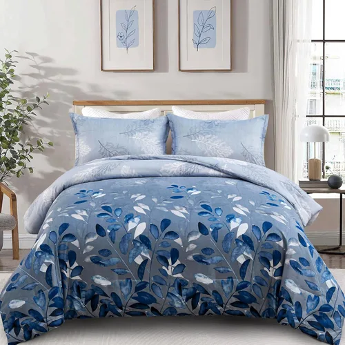 Miniatura 13 de DJY Juego de edredón de color morado, tamaño King, edredón de hojas botánicas para cama King, juego de edredón reversible floral de 3 piezas, juego