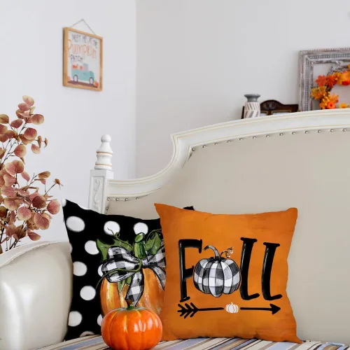 Miniatura 9 de GEEORY Juego de 4 fundas de almohada de otoño de 18 x 18 pulgadas, diseño de lunares, búfalo con nudo de lazo, calabazas, camiones, agradecimiento