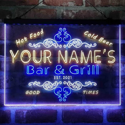 Miniatura 15 de Letrero de luz de neón LED tricolor personalizado para bar y parrilla, nombre personalizado, fecha, texto, cita, fuente blanco, azul y rojo, 17.7 x