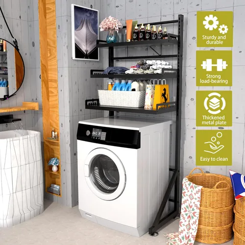 Miniatura 5 de Estante de almacenamiento para lavadora de 3 niveles de altura ajustable, organizador de almacenamiento grande para baño para ahorrar espacio (negro)