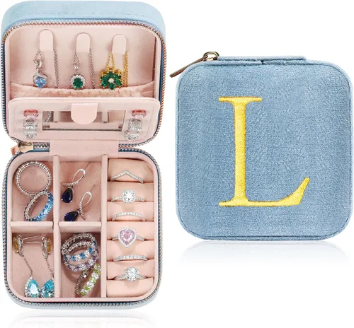 Parima Regalos de cumpleaños para mujeres, joyero pequeño de terciopelo de felpa de viaje, joyero azul personalizado, artículos esenciales de viaje