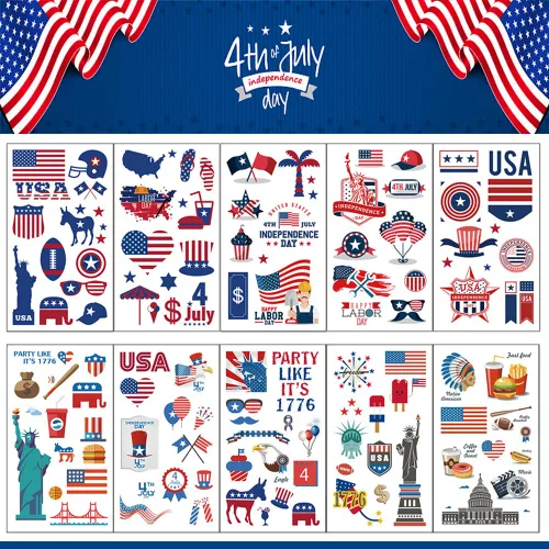 Miniatura 7 de Hying 10 tatuajes patrióticos del 4 de julio temporales para niños y adultos, bandera estadounidense, patrióticos temporales para decoración del 4