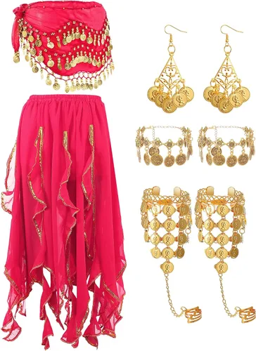 Miniatura 28 de Haysandy Conjunto de 8 piezas de danza del vientre para mujer, falda de danza del vientre, bufanda de cadera, 2 pulseras, aretes, pulsera de tobillo