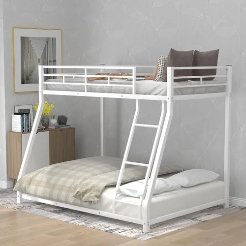 Miniatura 7 de Litera de metal individual sobre tamaño matrimonial con barandilla de seguridad y escalera para niños y adultos, literas de suelo, marco de cama