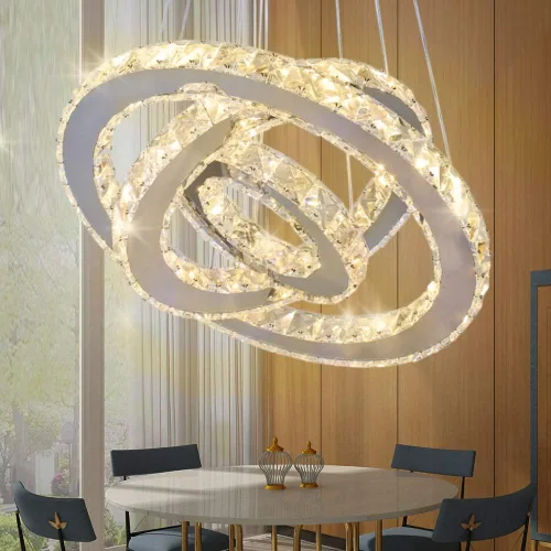 Miniatura 14 de Candelabro LED de cristal con iluminación regulable LED moderna lámpara de techo de 3 anillos ajustable de acero inoxidable para dormitorios y sala