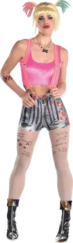 Party City Disfraz de Halloween de Harley Quinn para mujer, aves de presa, mediano, incluye pantalones cortos, parte superior, medias y más,
