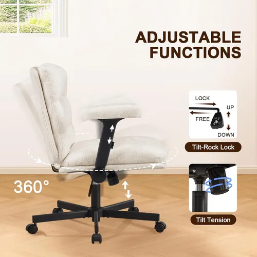 Miniatura 5 de Furniliving Criss Cross Office Chair with Adjustable Flip-up Arms, Premium Chenille Upholstered Cross Legged Chair, Ergonomic Swivel Desk Vanity