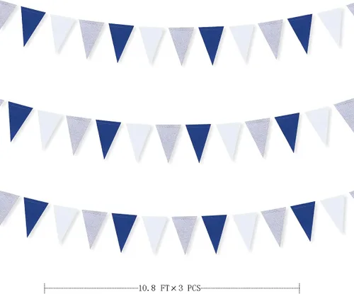Miniatura 2 de Decoraciones de fiesta de 30 pies azul marino, blanco y plateado, bandera triangular azul real, pancarta banderín para graduación, cumpleaños, boda