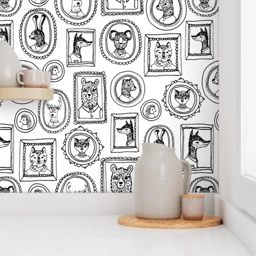 Miniatura 8 de Spoonflower Papel tapiz para despegar y pegar, marco de retrato de animales caprichoso, bosque, negro, blanco, cuarto de niños, papel tapiz