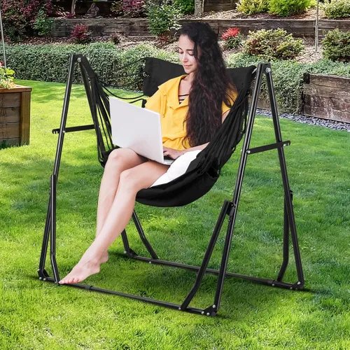 Miniatura 8 de GDY Silla hamaca con soporte, capacidad de 550 libras, fácil de instalar, con bolsa de transporte, portátil para viajes/mochileros/playa/patio Negro