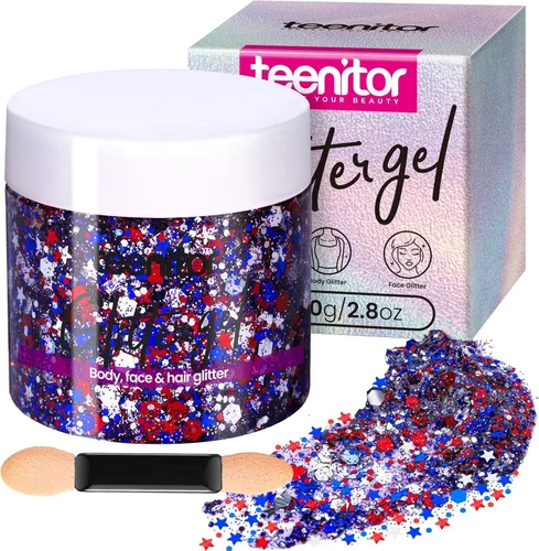 Miniatura 17 de Teenitor Purpurina Azul para el Cuerpo, Purpurina para la Cara, Gel de Purpurina para el Cuerpo, Gel de Purpurina para el Cabello, 80 g/2.8 oz