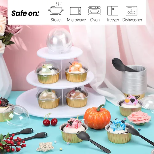 Miniatura 3 de 200 juegos de forros para cupcakes de 5 onzas con tapas de cúpula y cucharas, mini moldes de aluminio para tartas, moldes para hornear, moldes Dorado