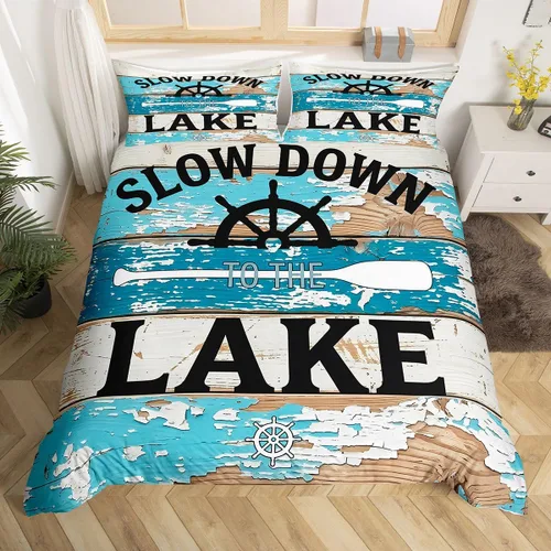 Miniatura 15 de Erosebridal Lake House Twin Bed Set for Boys Girls Kids, Blue and Beige Lakehouse 2Pcs Duvet Cover with Zipper, Rustic Farmhouse Bedding Sets